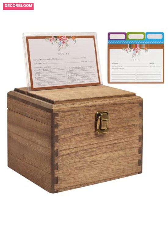 Other - Wooden Recipe Box with 100 Cards, Dividers, Acrylic Shield